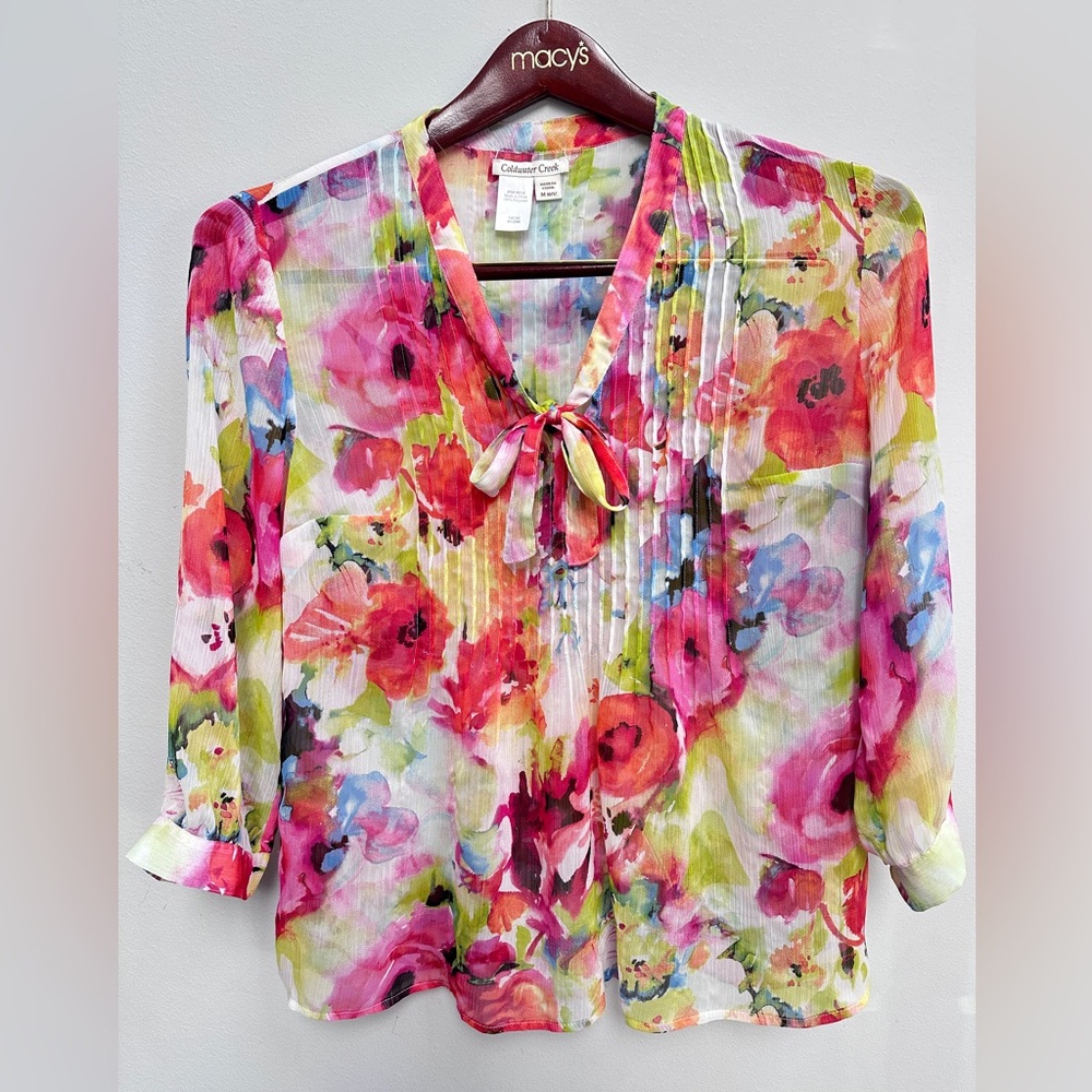 coldwater creek pink green floral top blouse size M